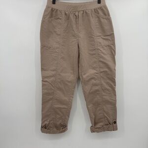 Chicos Pants Women Small Beige Khaki Cropped Capri Roll Tab Safari Casual PullOn